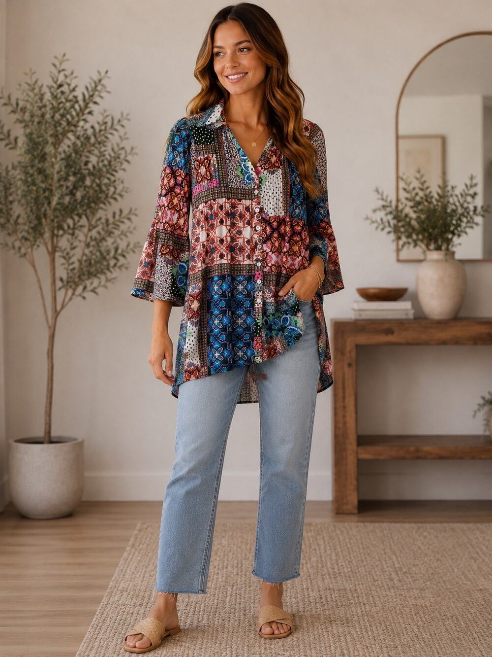 Passport Colorful Artsy Patchwork Print Button Up Shirt Bell Sleeves Size Small